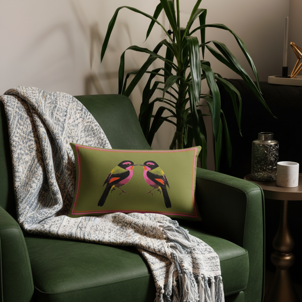 Luxury Bird Print Cushion with Orange and pink accents