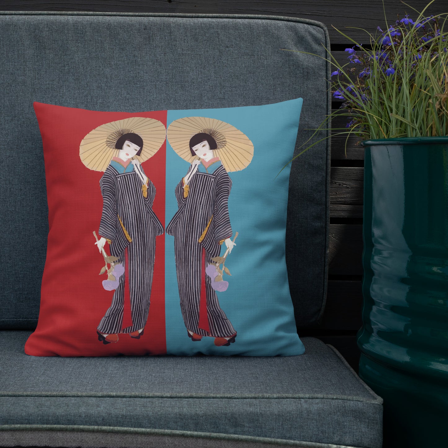 Red & Blue Geisha Cushion – Vintage Inspired Luxury Pillow with Japanese Art Design