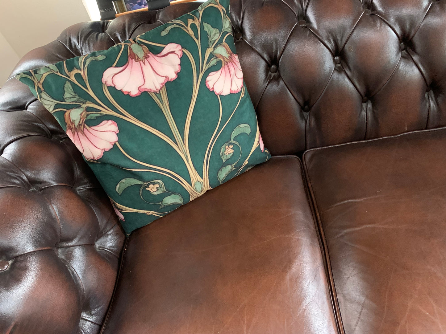 2 x Green & Pink Art Nouveau Cushion – Elegant Floral Throw Pillow for Home Décor