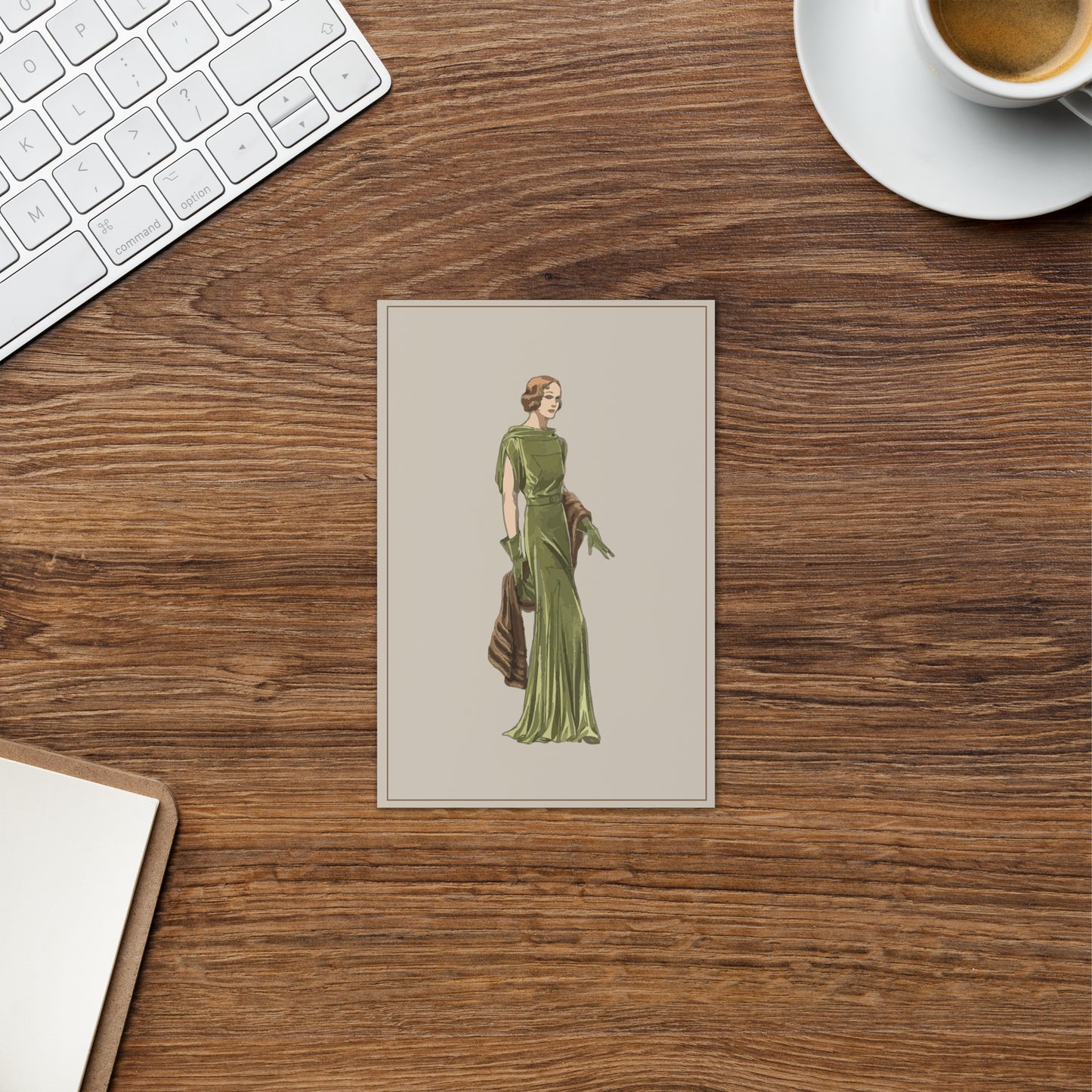 “Vintage Fashion Greeting Card – Elegant 1930s Inspired Lady in Green Evening Gown”