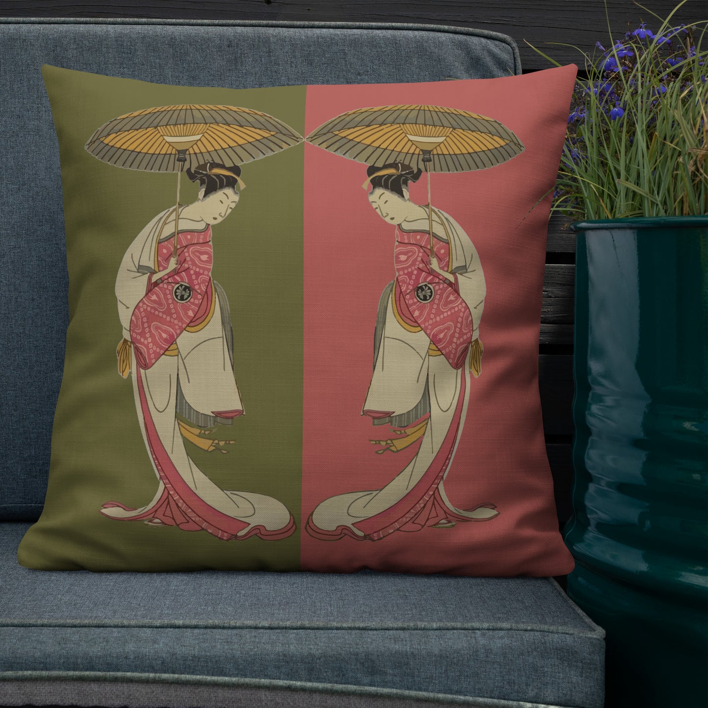 Japanese art cushion, Geisha pillow, traditional Japanese decor, oriental throw pillow, umbrella artwork cushion cover