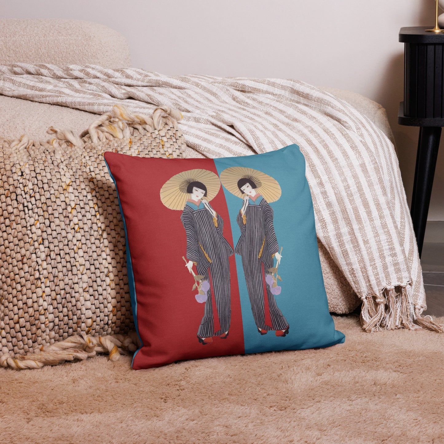 Geisha Decorative Pillow – Japanese Woman in Kimono with Umbrella, Red and Blue Accent Cushion Cover