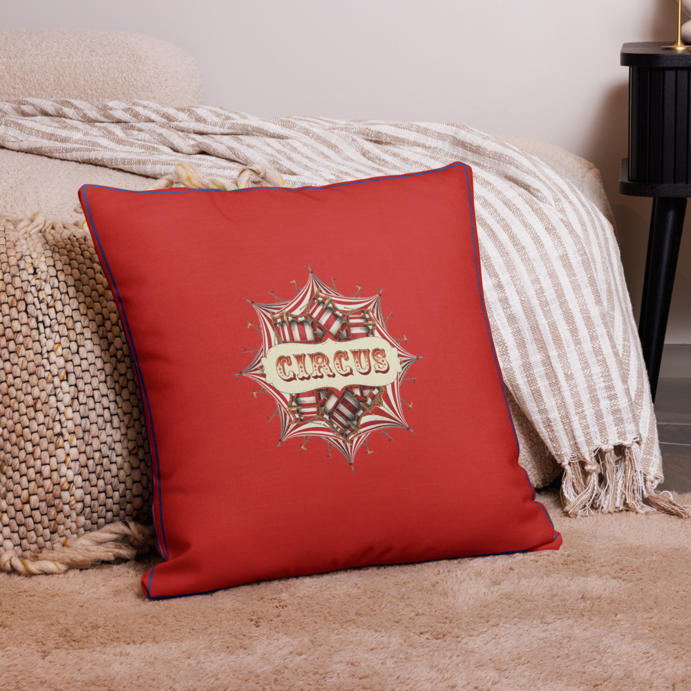 “Red Circus Tent Cushion with Royal Blue Accents – Bold Circus Throw Pillow with Typography | Carnival & Big Top Decor”