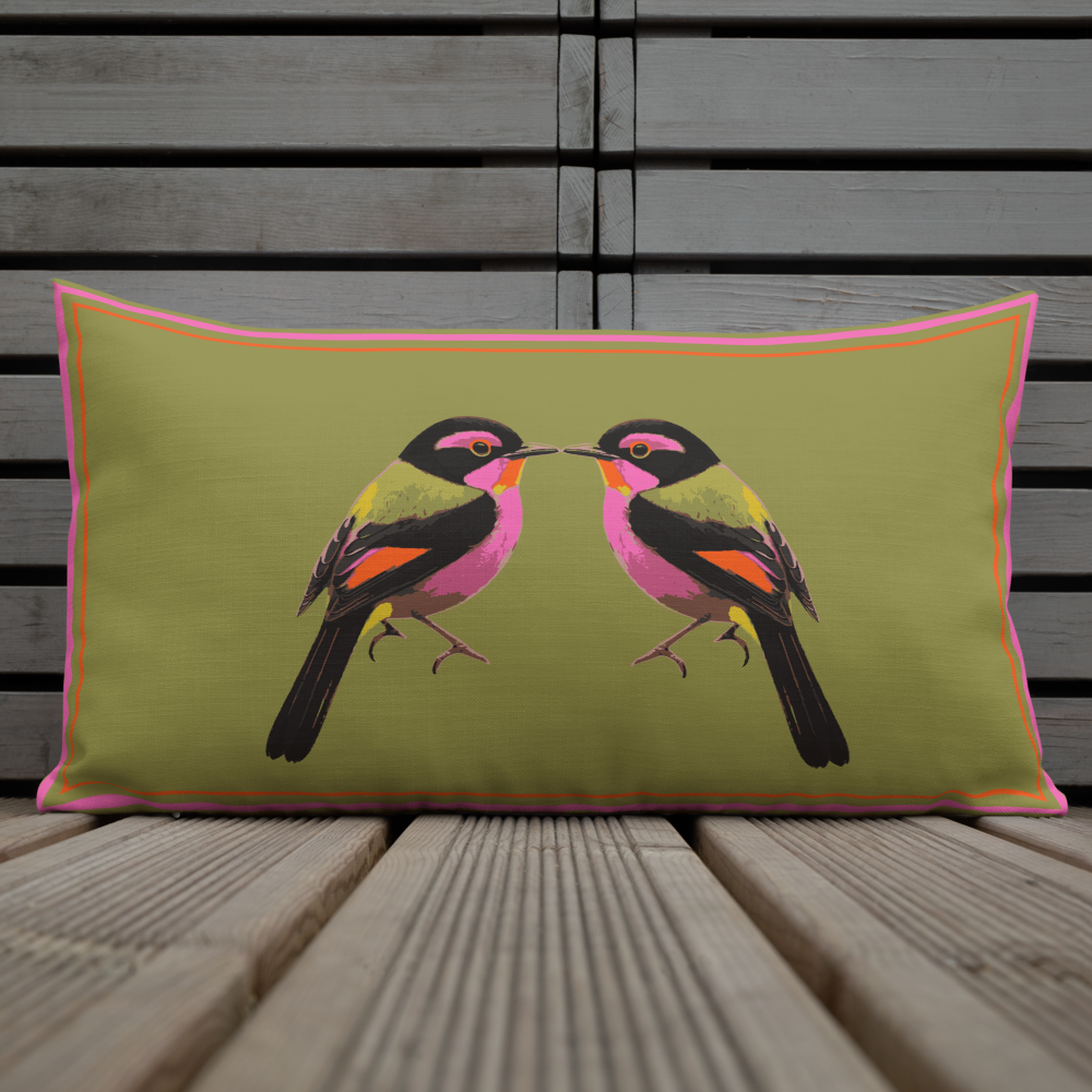Luxury Bird Print Cushion with Orange and pink accents