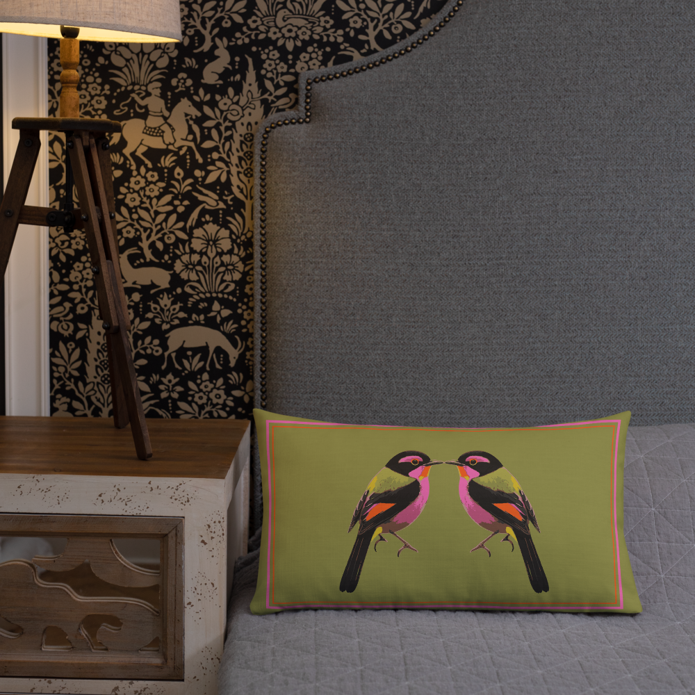 Luxury Bird Print Cushion with Orange and pink accents