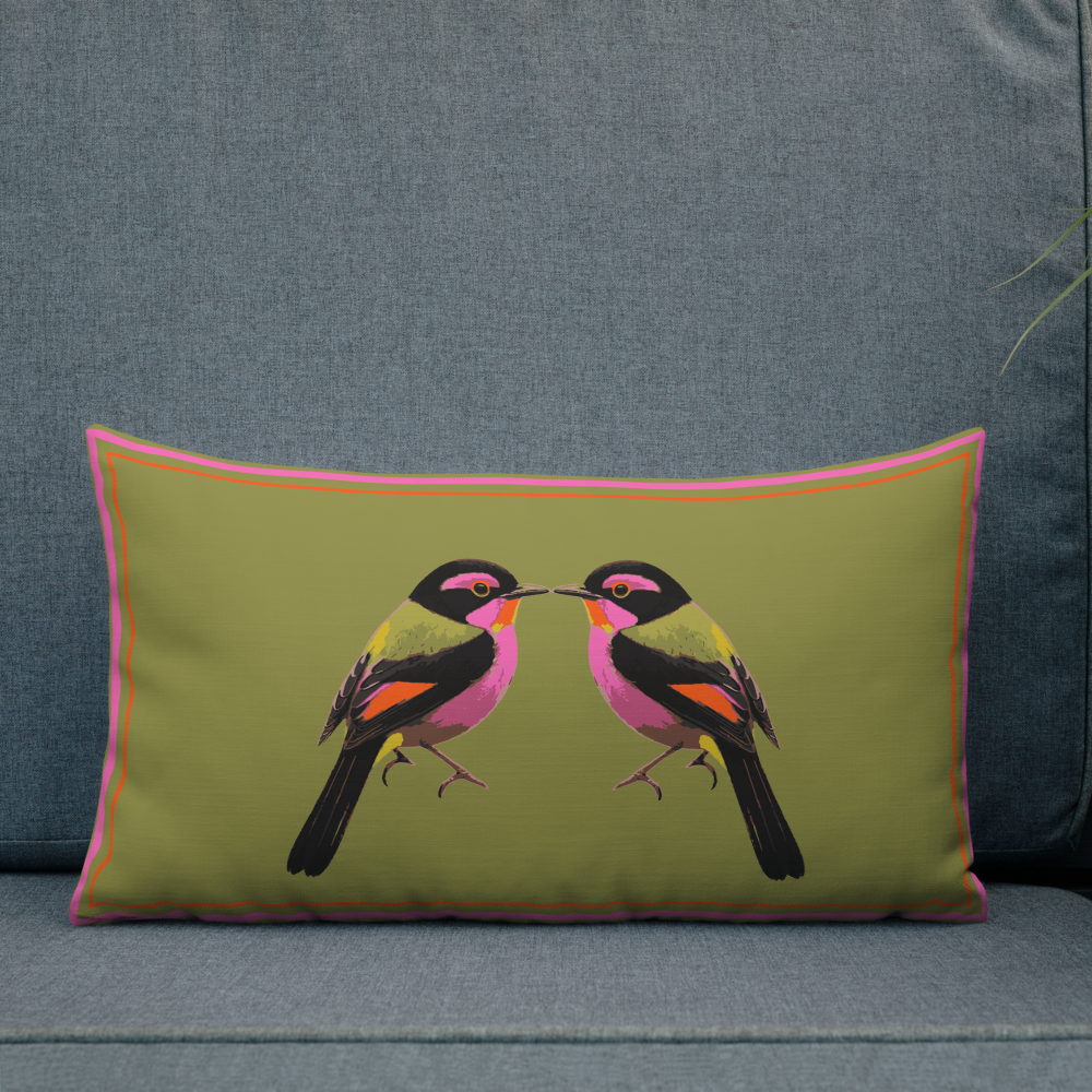 Luxury Bird Print Cushion with Orange and pink accents