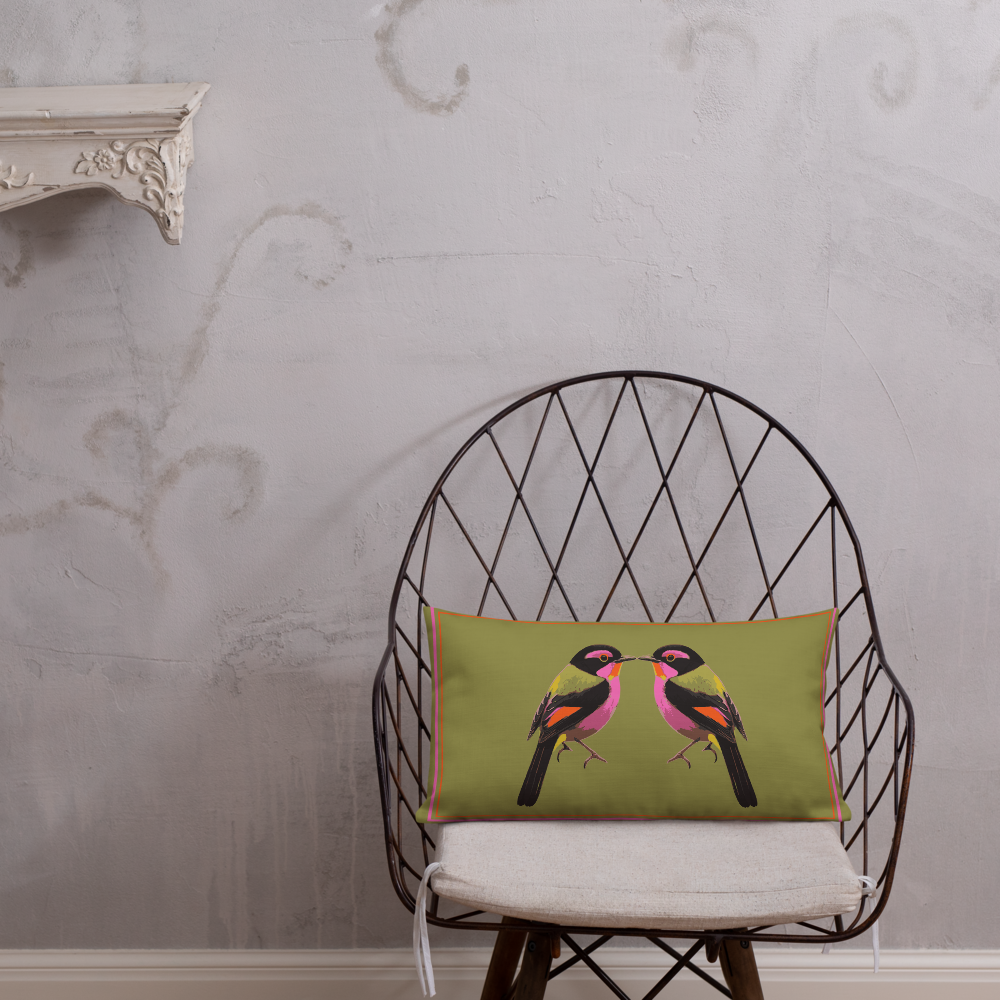 Luxury Bird Print Cushion with Orange and pink accents