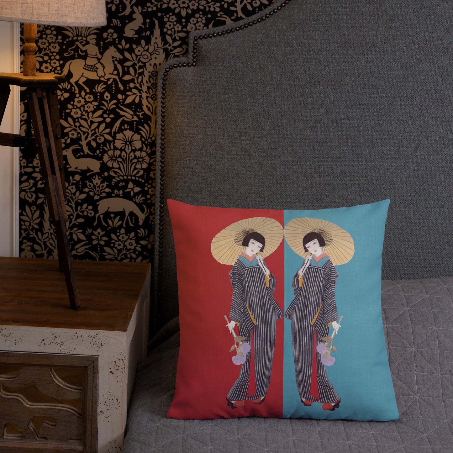 Red & Blue Geisha Cushion – Vintage Inspired Luxury Pillow with Japanese Art Design