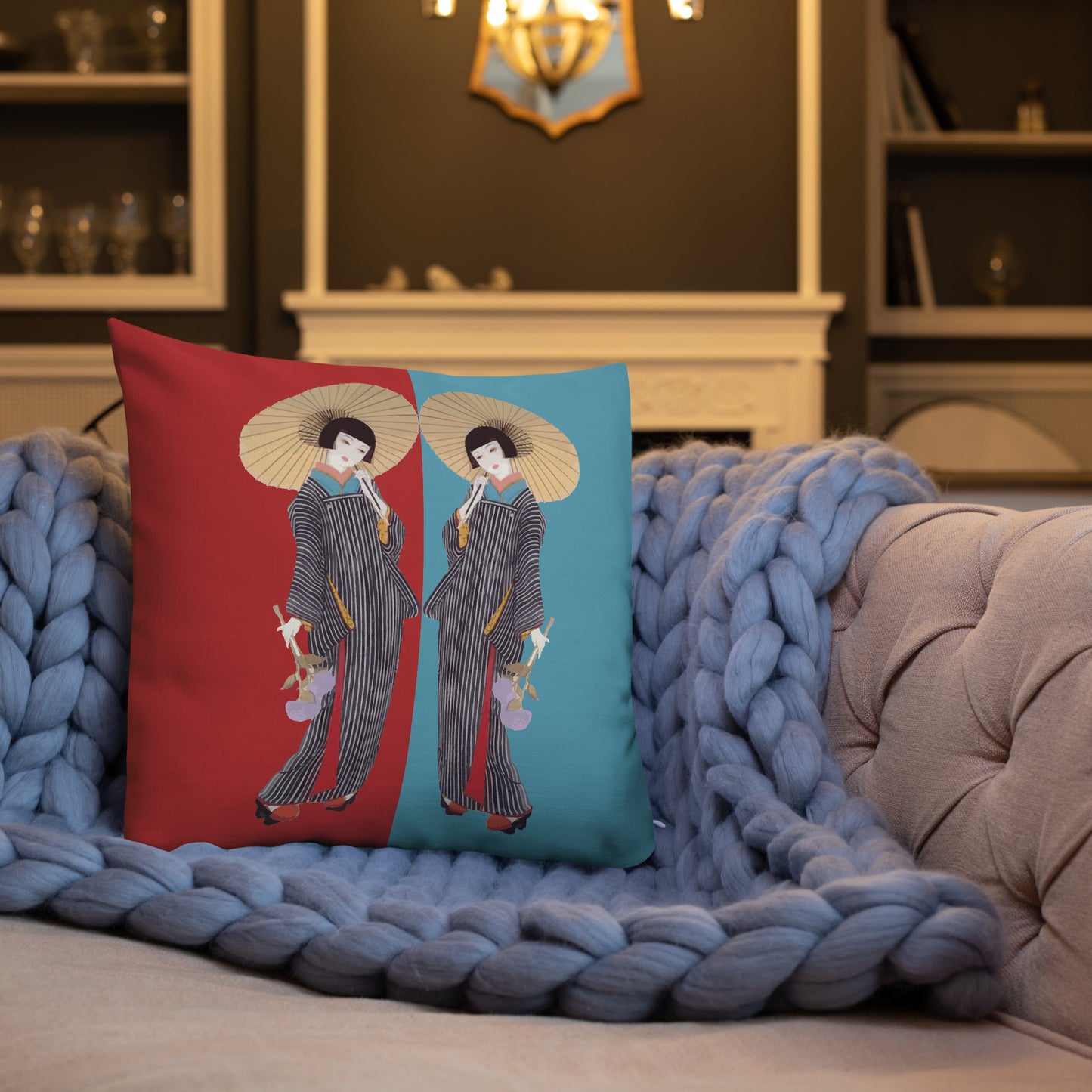 Red & Blue Geisha Cushion – Vintage Inspired Luxury Pillow with Japanese Art Design
