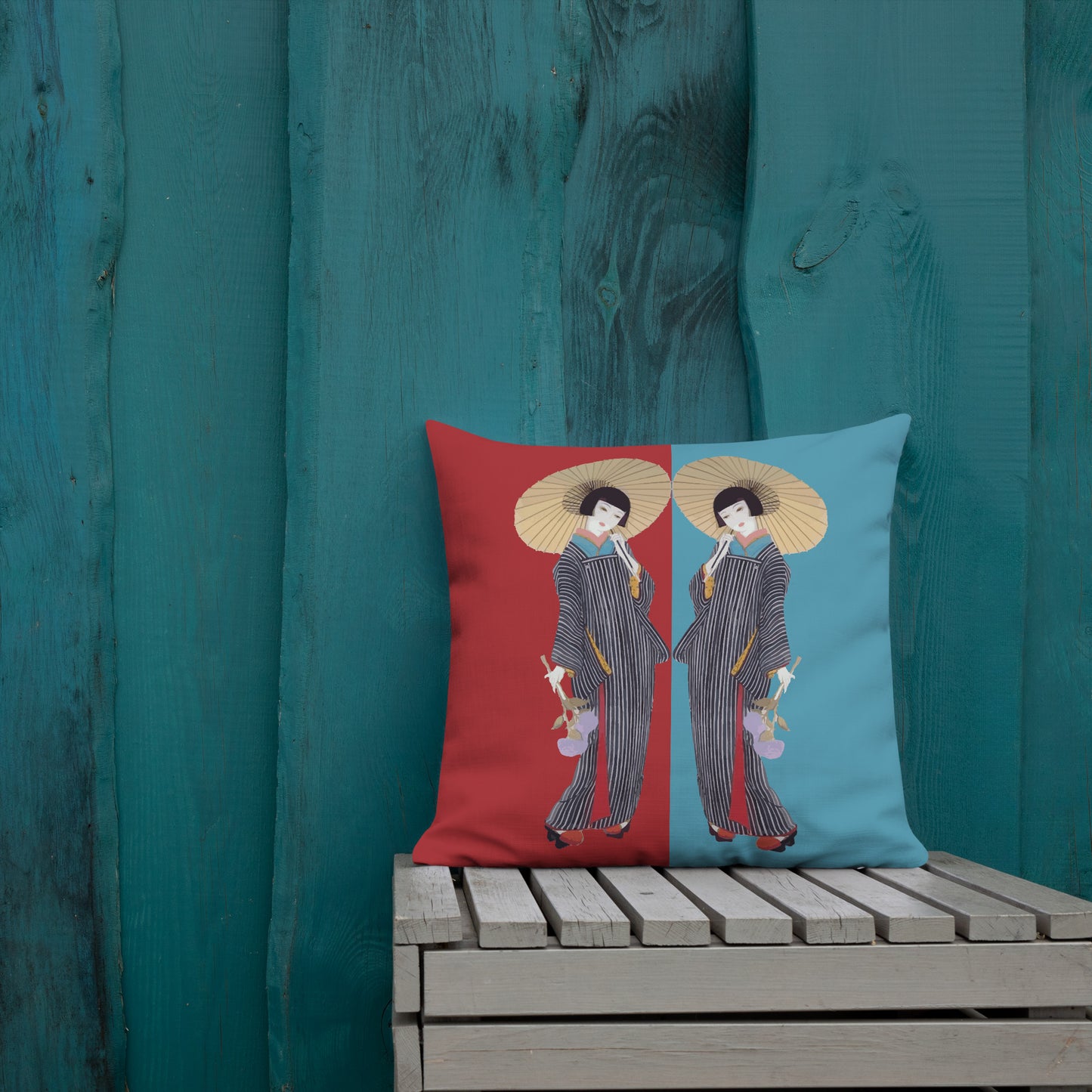Red & Blue Geisha Cushion – Vintage Inspired Luxury Pillow with Japanese Art Design