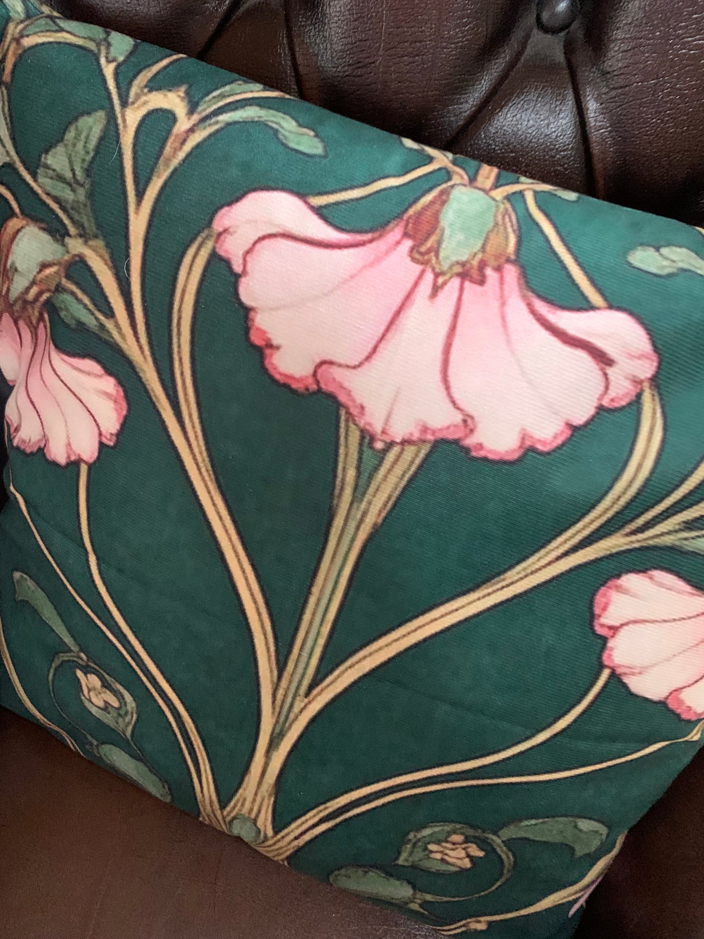 2 x Green & Pink Art Nouveau Cushion – Elegant Floral Throw Pillow for Home Décor