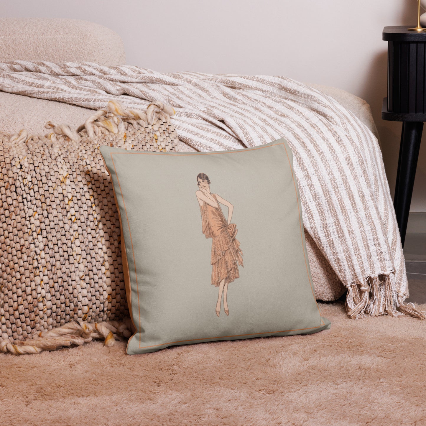 Taupe & Orange Vintage Cushion – 1930s Gatsby-Inspired Lady Luxury Pillow