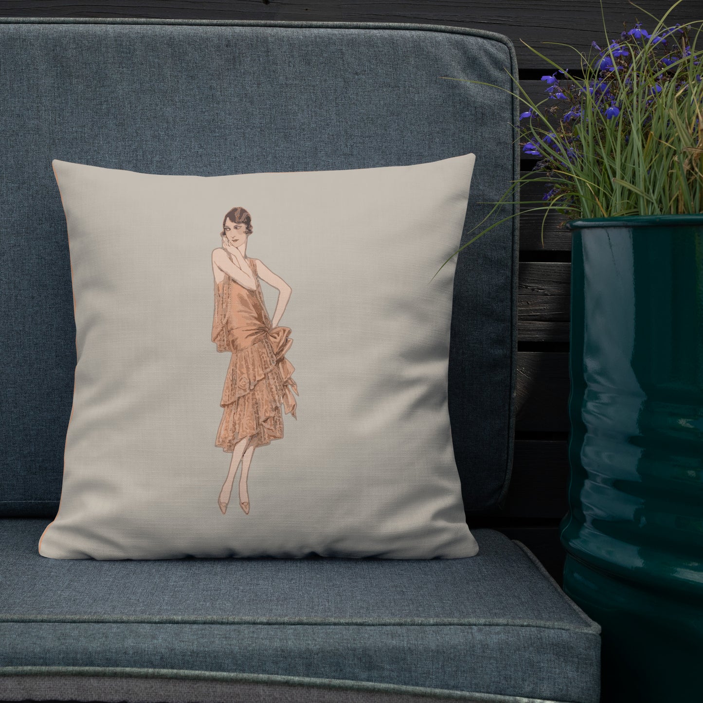 Taupe & Orange Vintage Cushion – 1930s Gatsby-Inspired Lady Luxury Pillow