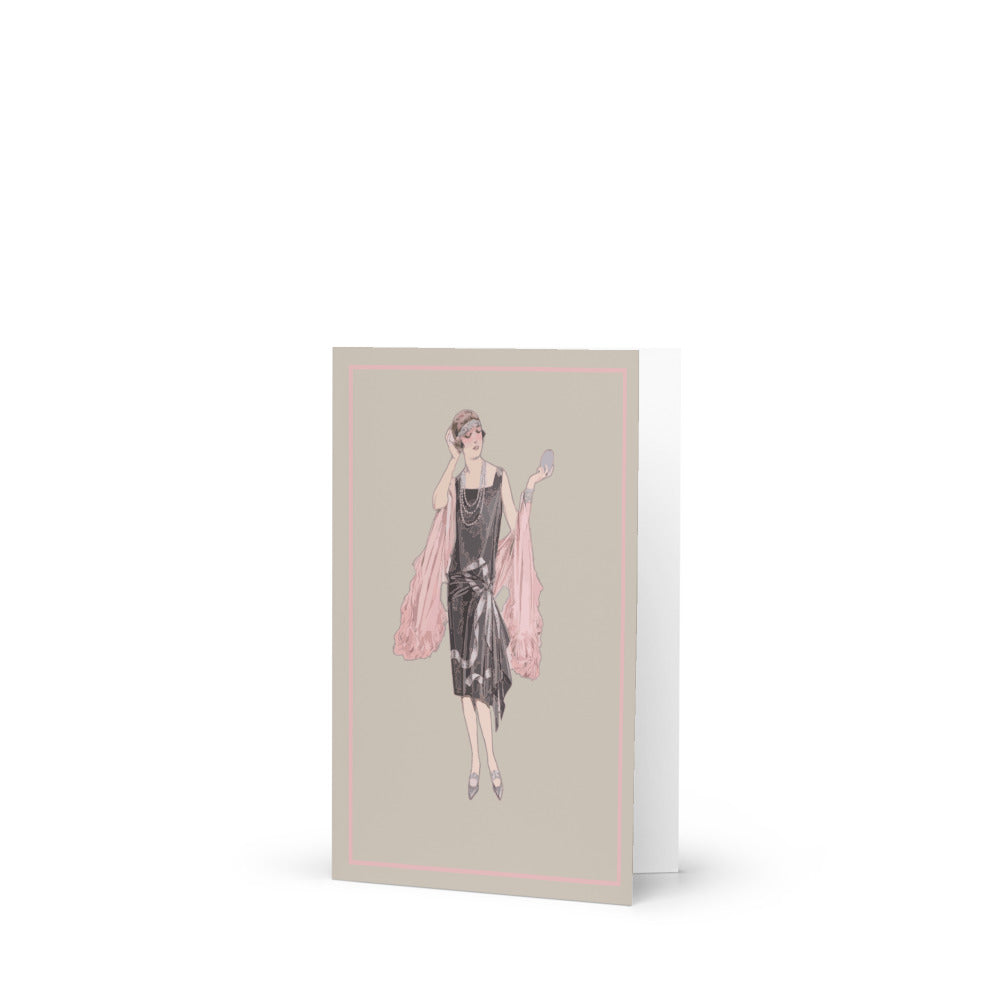 “Luxury Charleston Greeting Card – Vintage 1920s Flapper Girl in Pink on Taupe | Art Deco Jazz Age Blank Card for Birthday, Anniversary, Thank You”