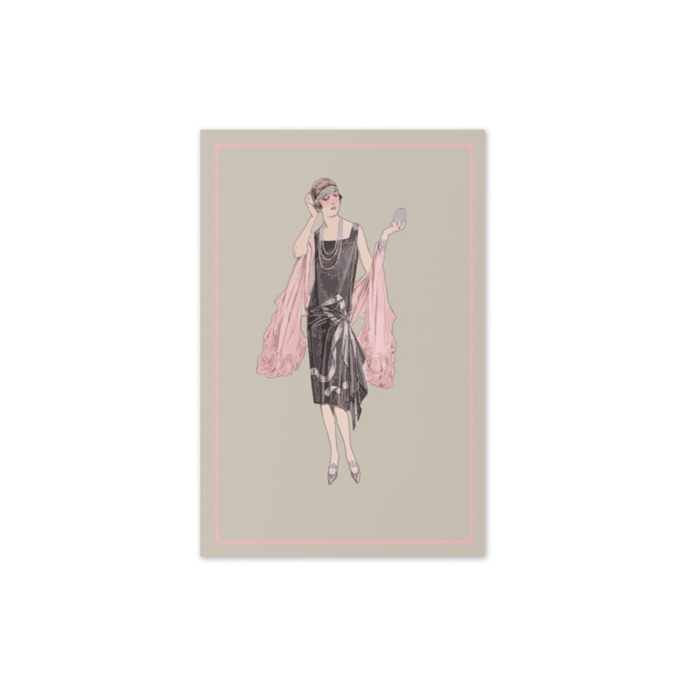“Luxury Charleston Greeting Card – Vintage 1920s Flapper Girl in Pink on Taupe | Art Deco Jazz Age Blank Card for Birthday, Anniversary, Thank You”
