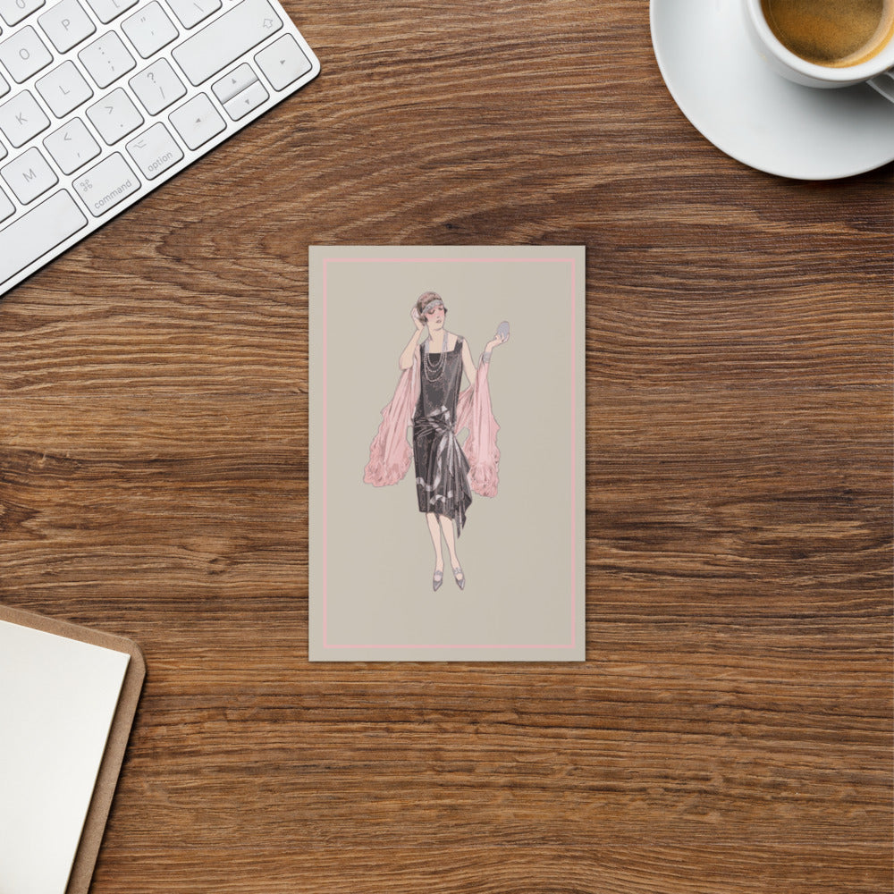 “Luxury Charleston Greeting Card – Vintage 1920s Flapper Girl in Pink on Taupe | Art Deco Jazz Age Blank Card for Birthday, Anniversary, Thank You”