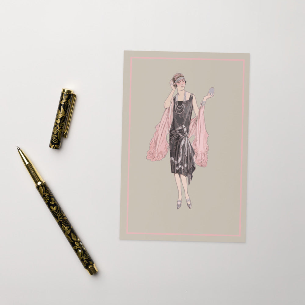 “Luxury Charleston Greeting Card – Vintage 1920s Flapper Girl in Pink on Taupe | Art Deco Jazz Age Blank Card for Birthday, Anniversary, Thank You”