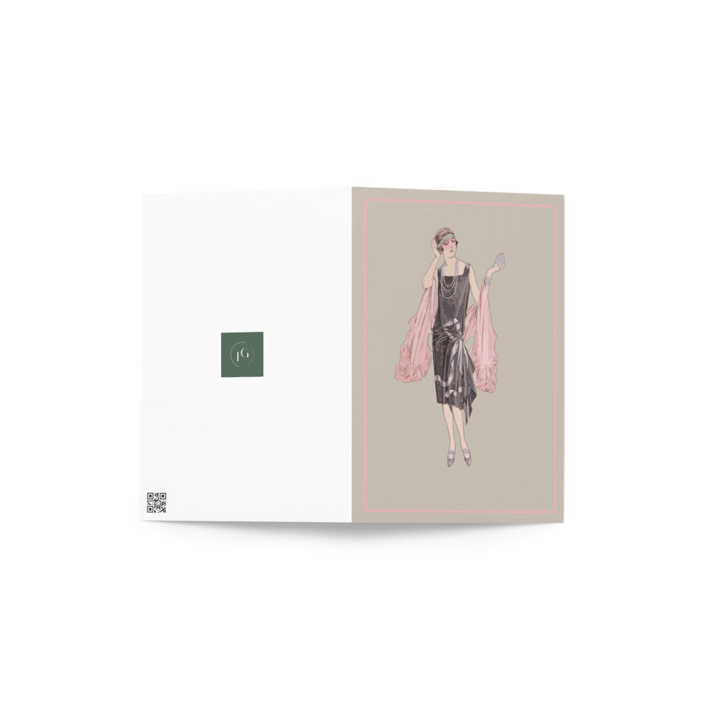 “Luxury Charleston Greeting Card – Vintage 1920s Flapper Girl in Pink on Taupe | Art Deco Jazz Age Blank Card for Birthday, Anniversary, Thank You”