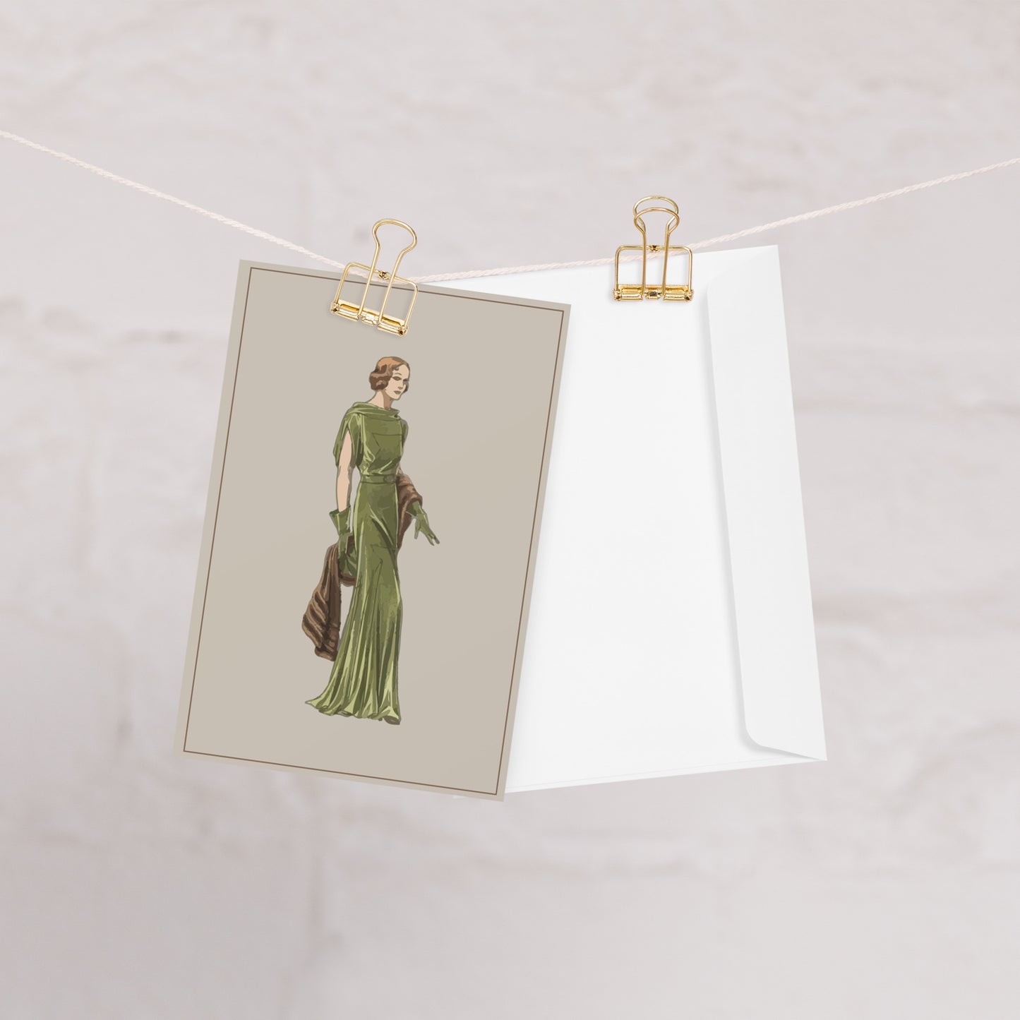 “Vintage Fashion Greeting Card – Elegant 1930s Inspired Lady in Green Evening Gown”