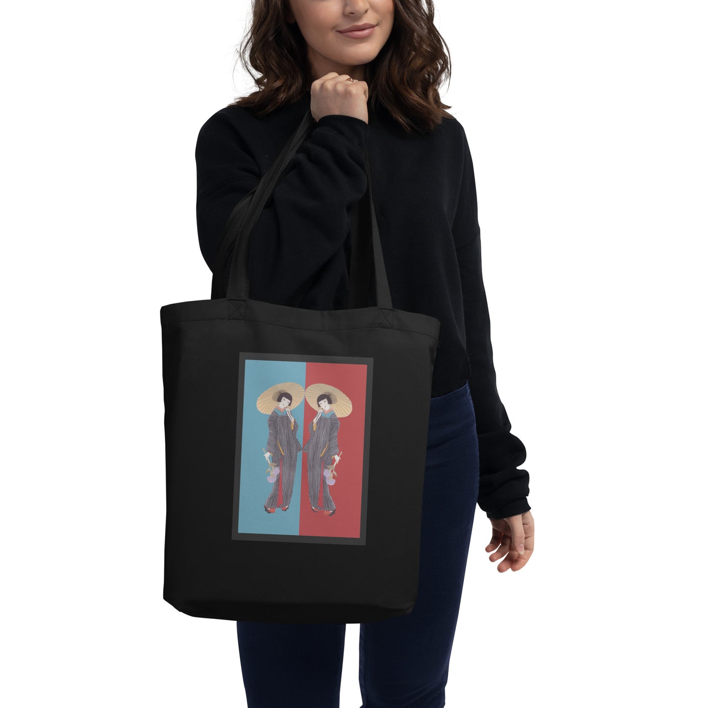 “Eco Friendly Black Tote Bag – Reusable Cotton Canvas Shopping Bag with Japanese Kimono Art Print”