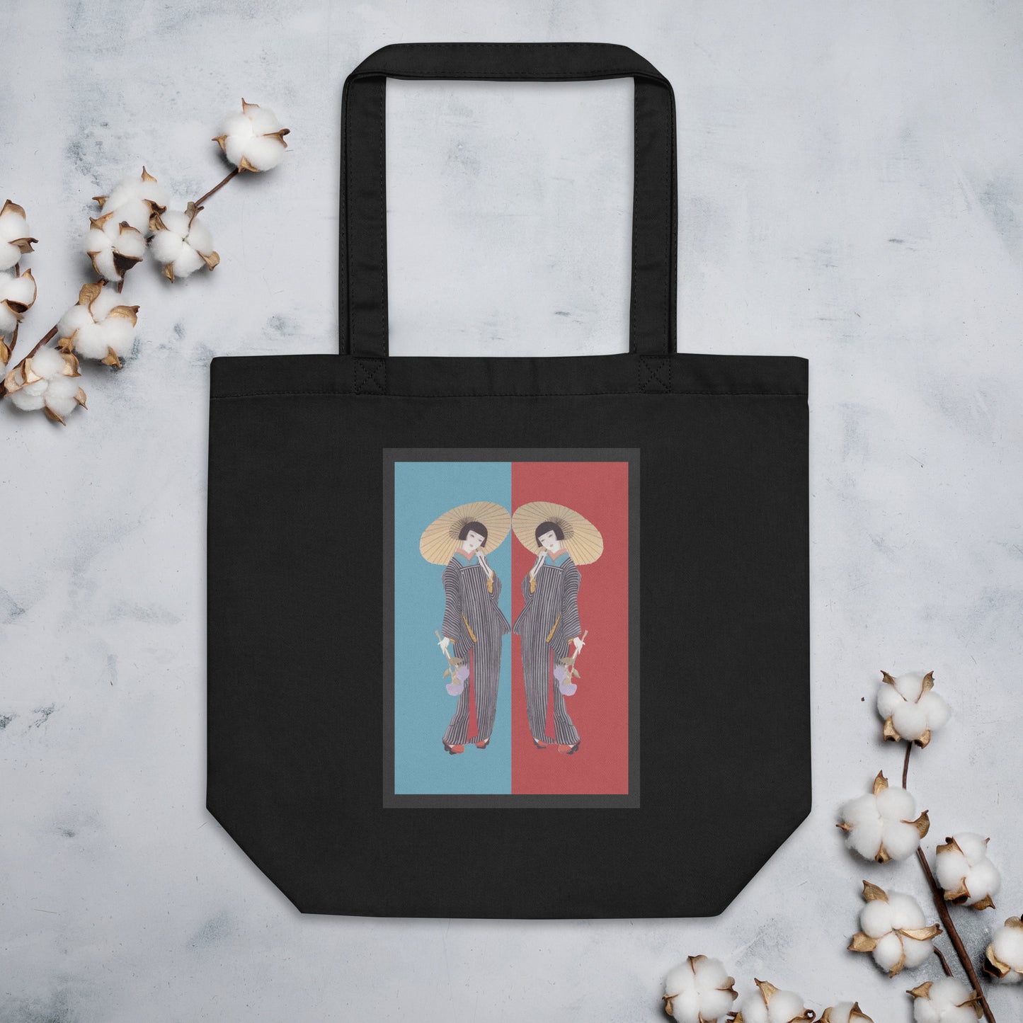 “Eco Friendly Black Tote Bag – Reusable Cotton Canvas Shopping Bag with Japanese Kimono Art Print”
