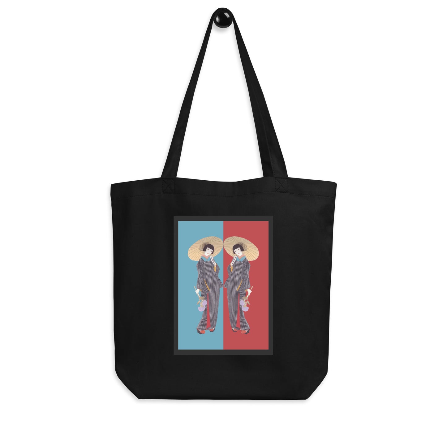 “Eco Friendly Black Tote Bag – Reusable Cotton Canvas Shopping Bag with Japanese Kimono Art Print”