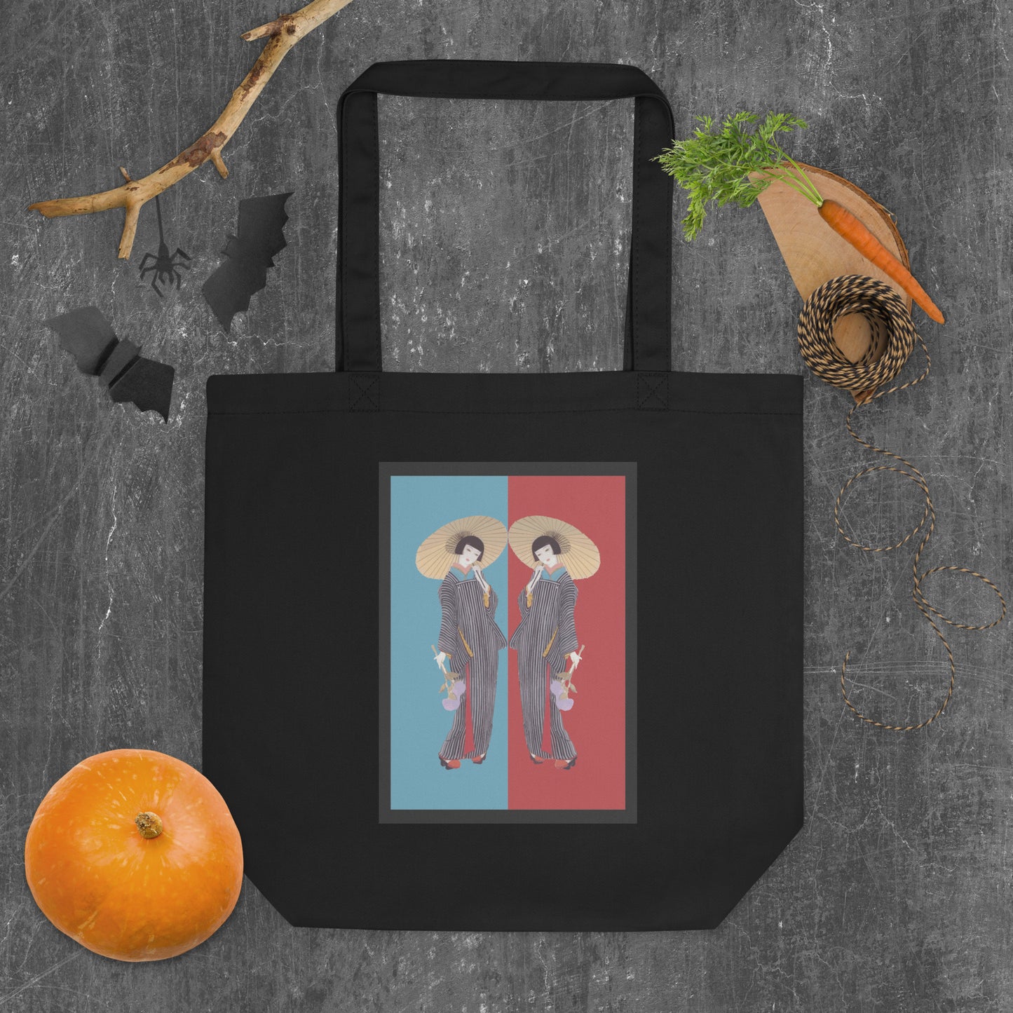 “Eco Friendly Black Tote Bag – Reusable Cotton Canvas Shopping Bag with Japanese Kimono Art Print”