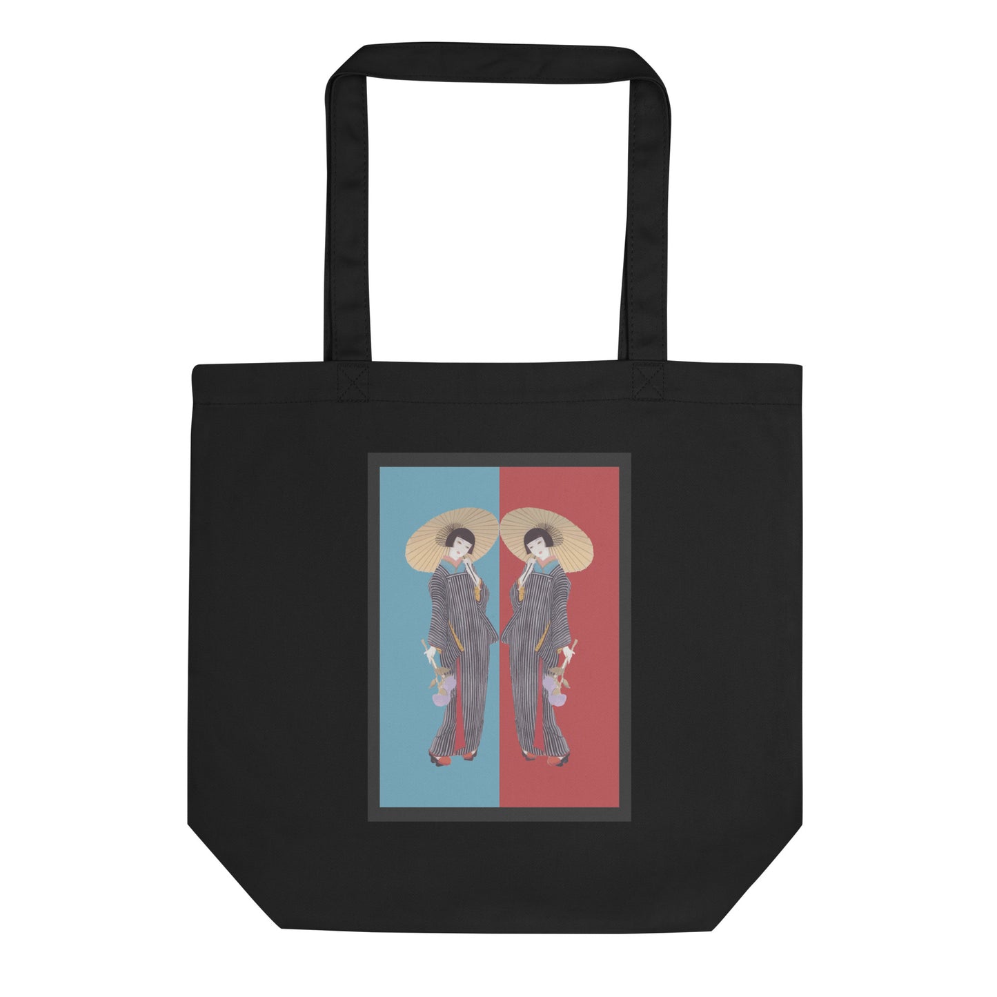 “Eco Friendly Black Tote Bag – Reusable Cotton Canvas Shopping Bag with Japanese Kimono Art Print”