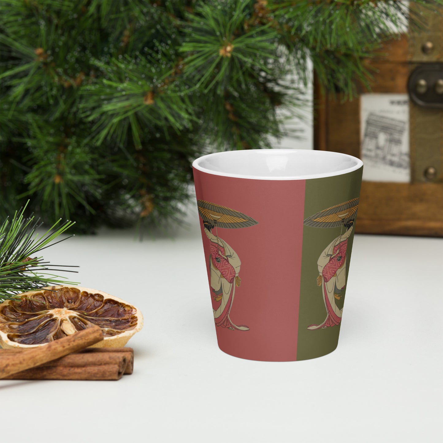 “Japanese Geisha Latte Mug with Traditional Umbrella Art – Elegant Ceramic Coffee Cup”