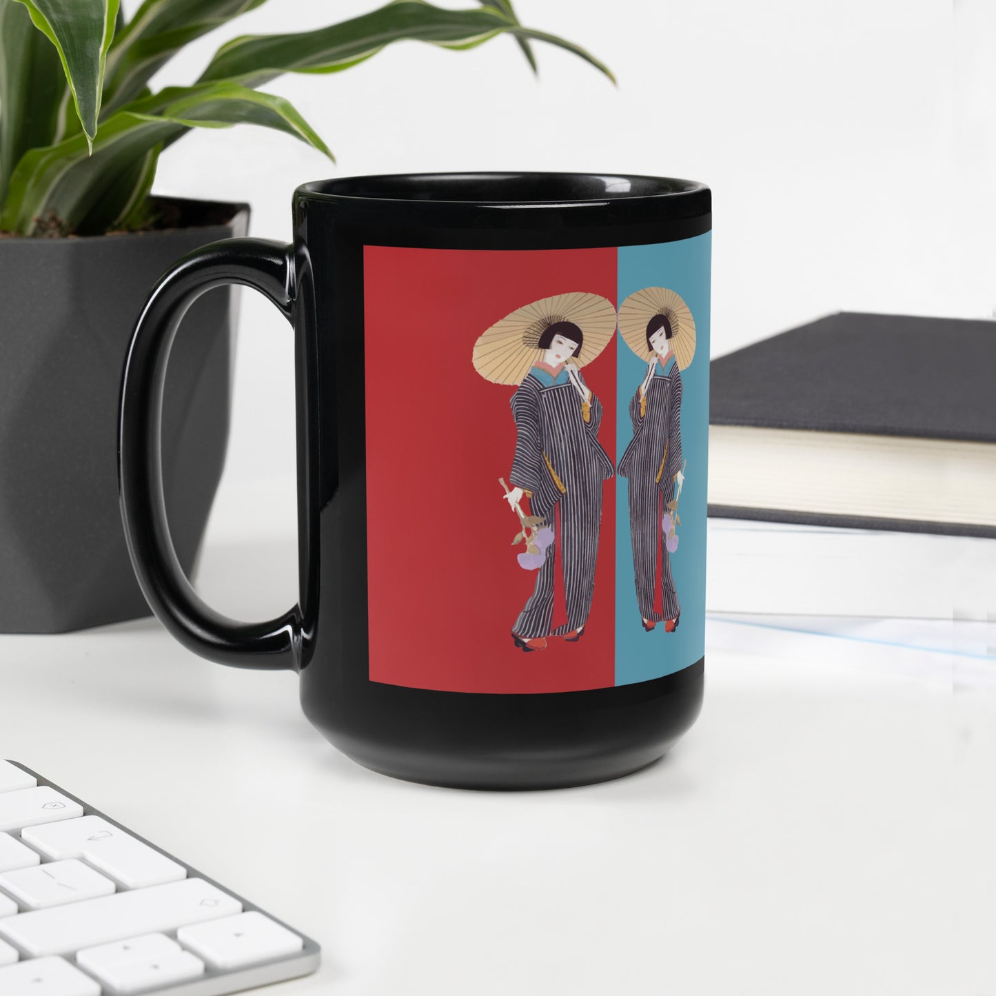 “Geisha Art Coffee Mug – Japanese Inspired Black Ceramic Tea Cup with Traditional Kimono & Umbrella Design”