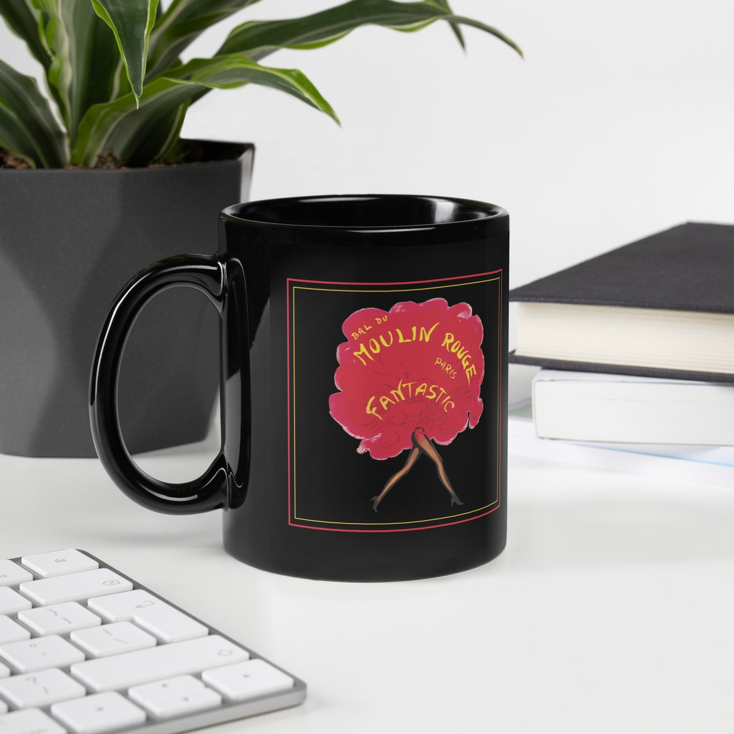 “Moulin Rouge Coffee Mug – Vintage Paris Cabaret Black Ceramic Cup with Can-Can Dancer Design”