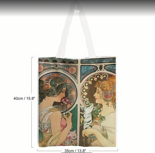 “Art Nouveau Tote Bag – Vintage Mucha Inspired Canvas Bag with Boho Floral Design, Reusable Eco-Friendly Shopping Tote”