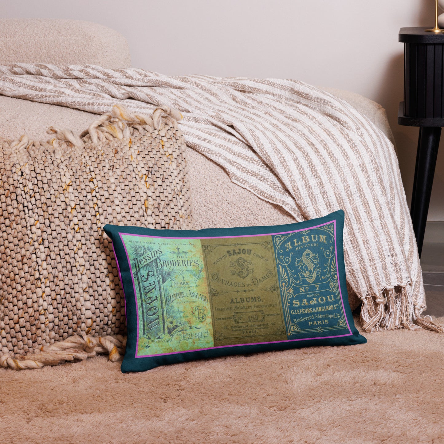 “Vintage French Style Cushion – Luxury Throw Pillow with Parisian Typography & Antique Book Cover Design”