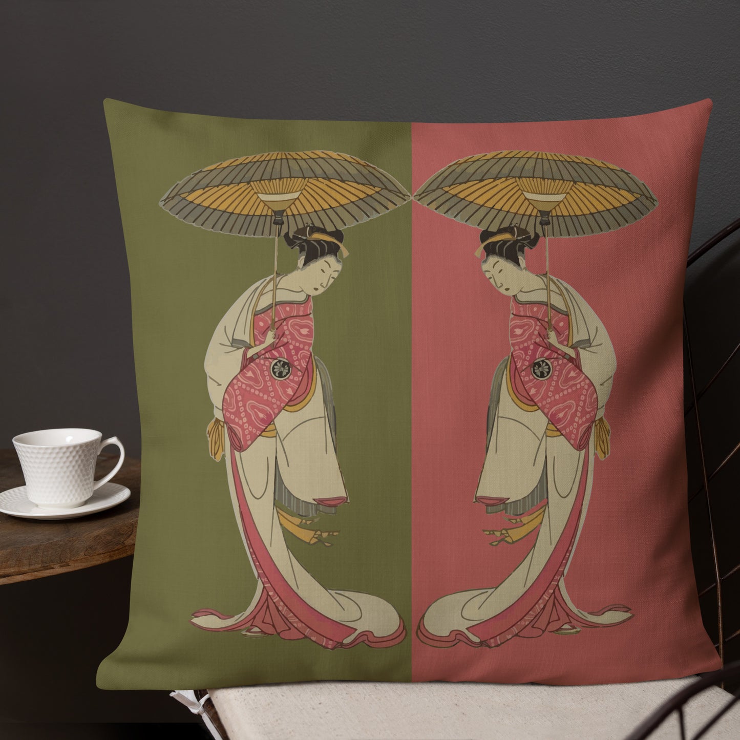 Japanese art cushion, Geisha pillow, traditional Japanese decor, oriental throw pillow, umbrella artwork cushion cover
