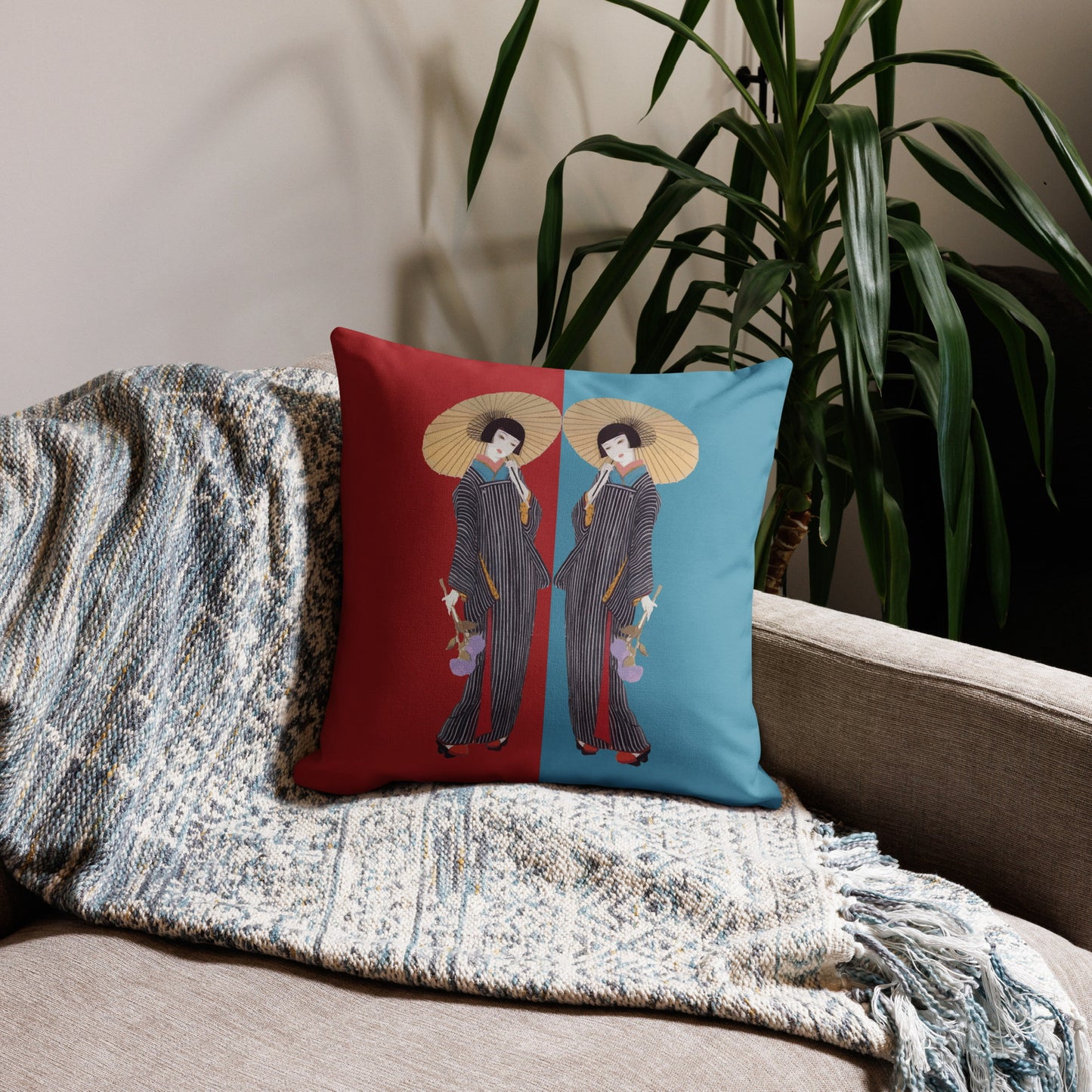 Geisha Decorative Pillow – Japanese Woman in Kimono with Umbrella, Red and Blue Accent Cushion Cover