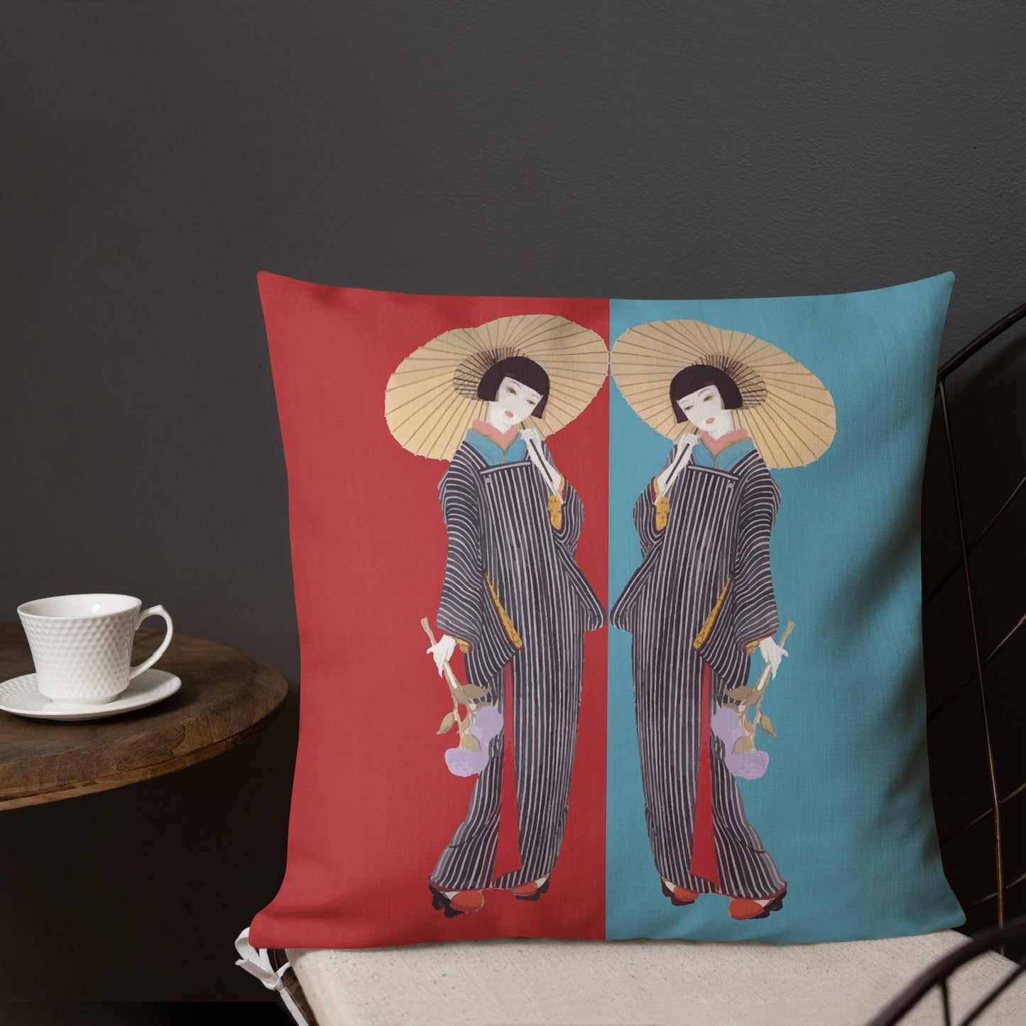 Geisha Decorative Pillow – Japanese Woman in Kimono with Umbrella, Red and Blue Accent Cushion Cover