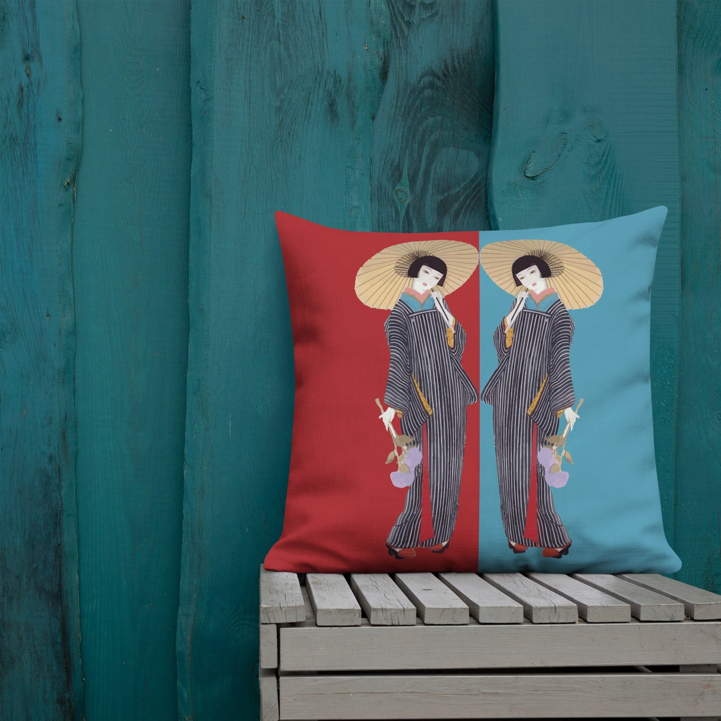 Geisha Decorative Pillow – Japanese Woman in Kimono with Umbrella, Red and Blue Accent Cushion Cover