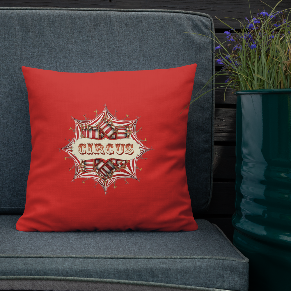 “Red Circus Tent Cushion with Royal Blue Accents – Bold Circus Throw Pillow with Typography | Carnival & Big Top Decor”