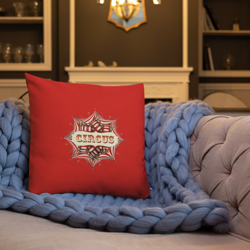 “Red Circus Tent Cushion with Royal Blue Accents – Bold Circus Throw Pillow with Typography | Carnival & Big Top Decor”