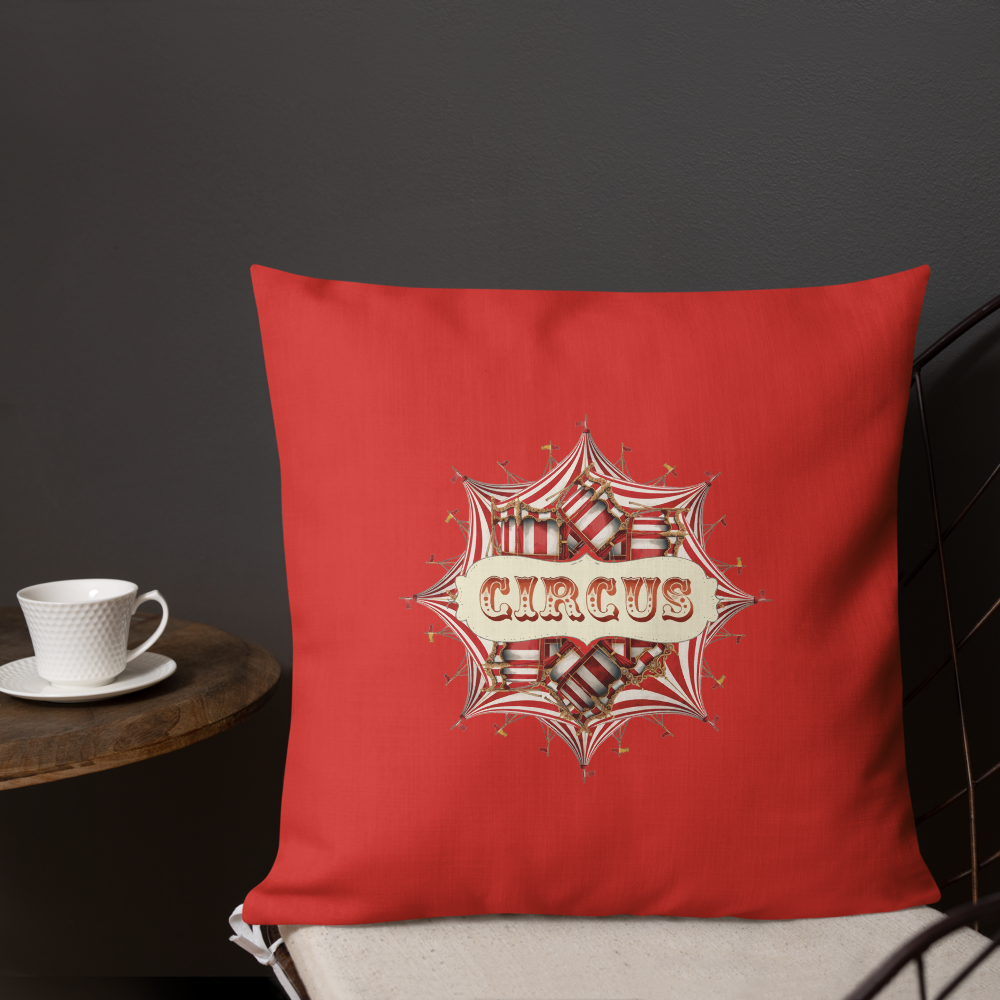 “Red Circus Tent Cushion with Royal Blue Accents – Bold Circus Throw Pillow with Typography | Carnival & Big Top Decor”