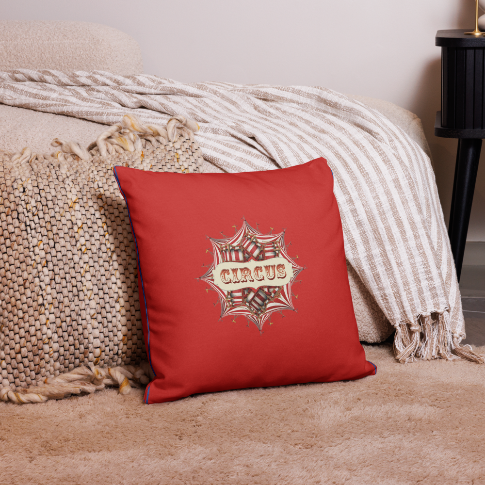 “Red Circus Tent Cushion with Royal Blue Accents – Bold Circus Throw Pillow with Typography | Carnival & Big Top Decor”