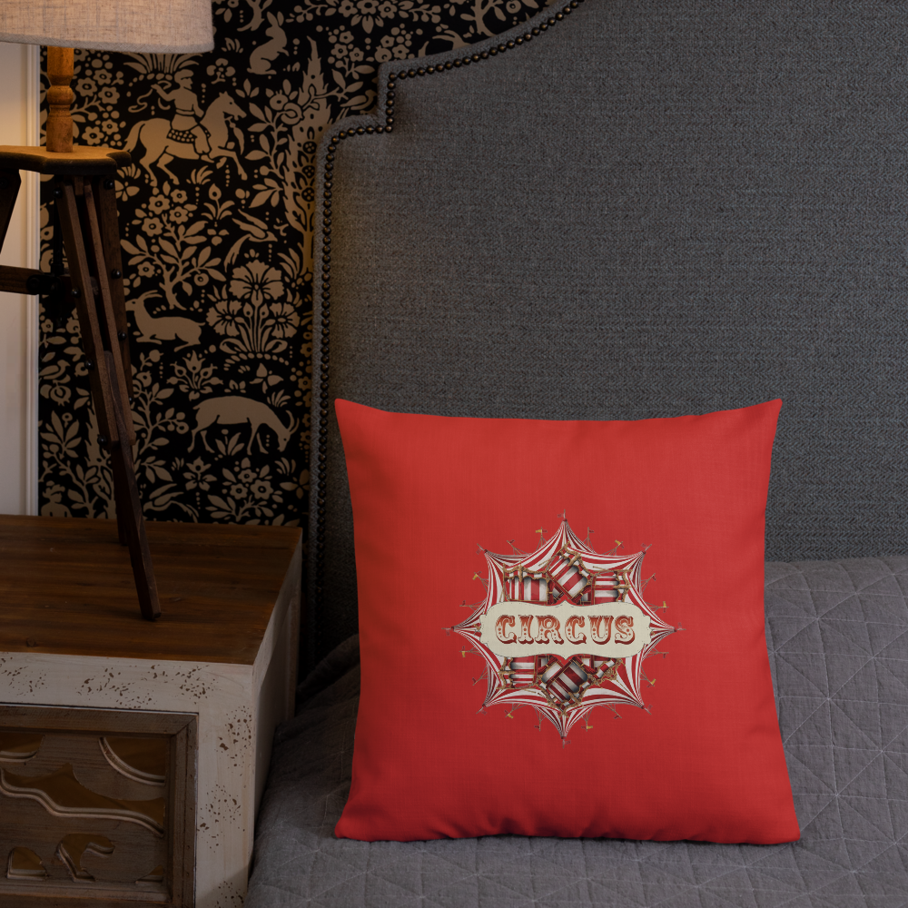 “Red Circus Tent Cushion with Royal Blue Accents – Bold Circus Throw Pillow with Typography | Carnival & Big Top Decor”