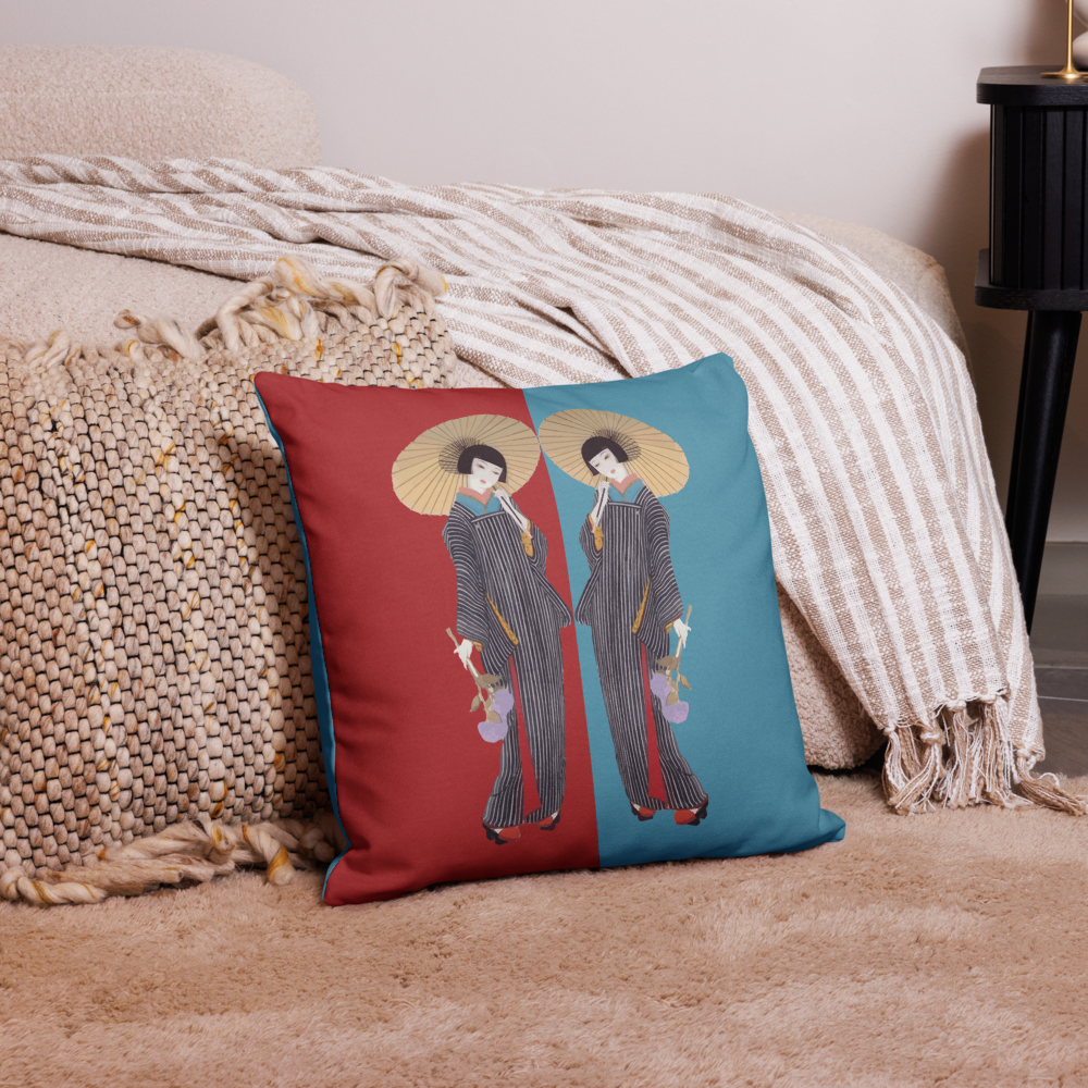 Red & Blue Geisha Cushion – Vintage Inspired Luxury Pillow with Japanese Art Design