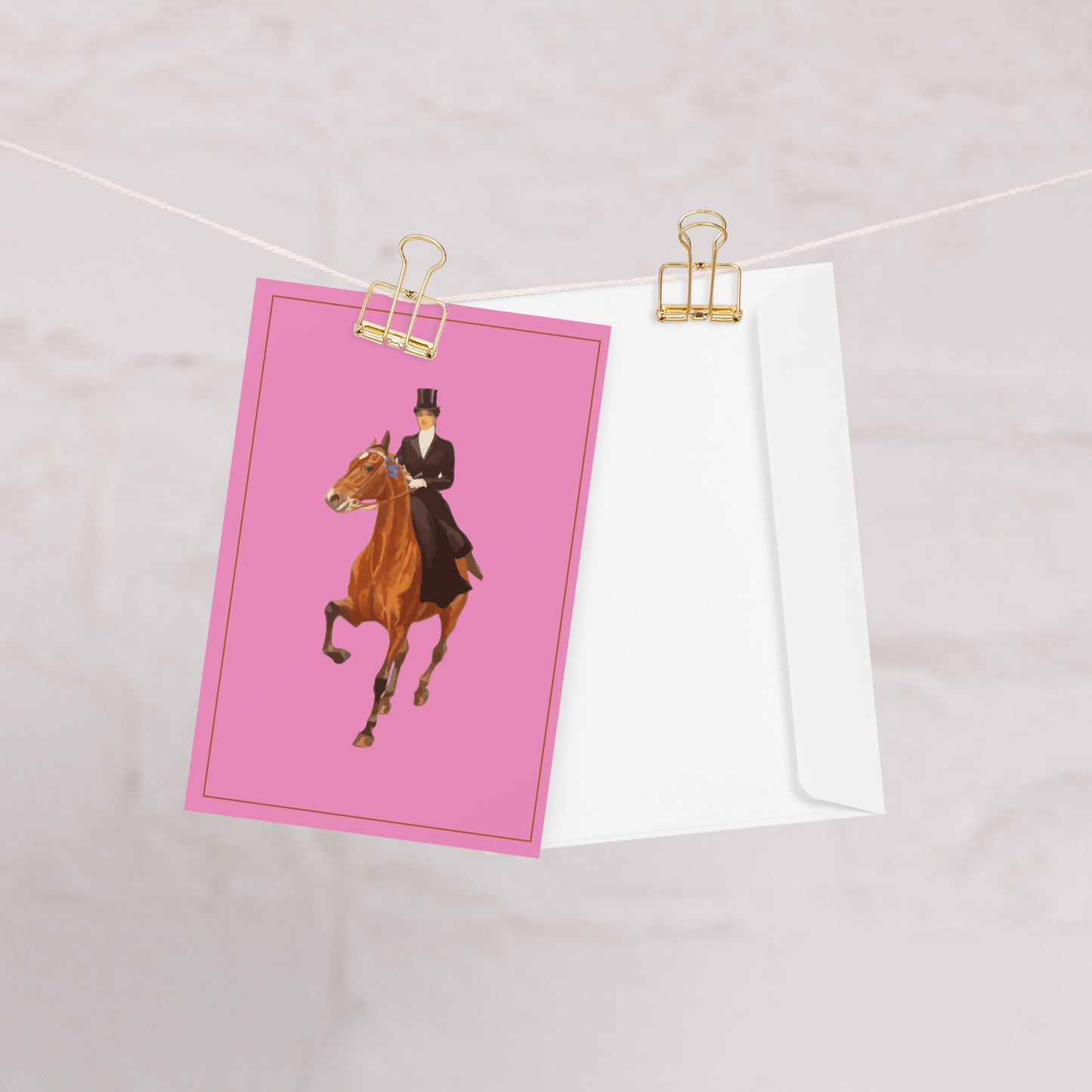 “Vintage Equestrian Greeting Card – Pink Card with Lady Riding Side Saddle on Brown Horse to Fox Hunt – Country Sports Blank Card with Envelope”