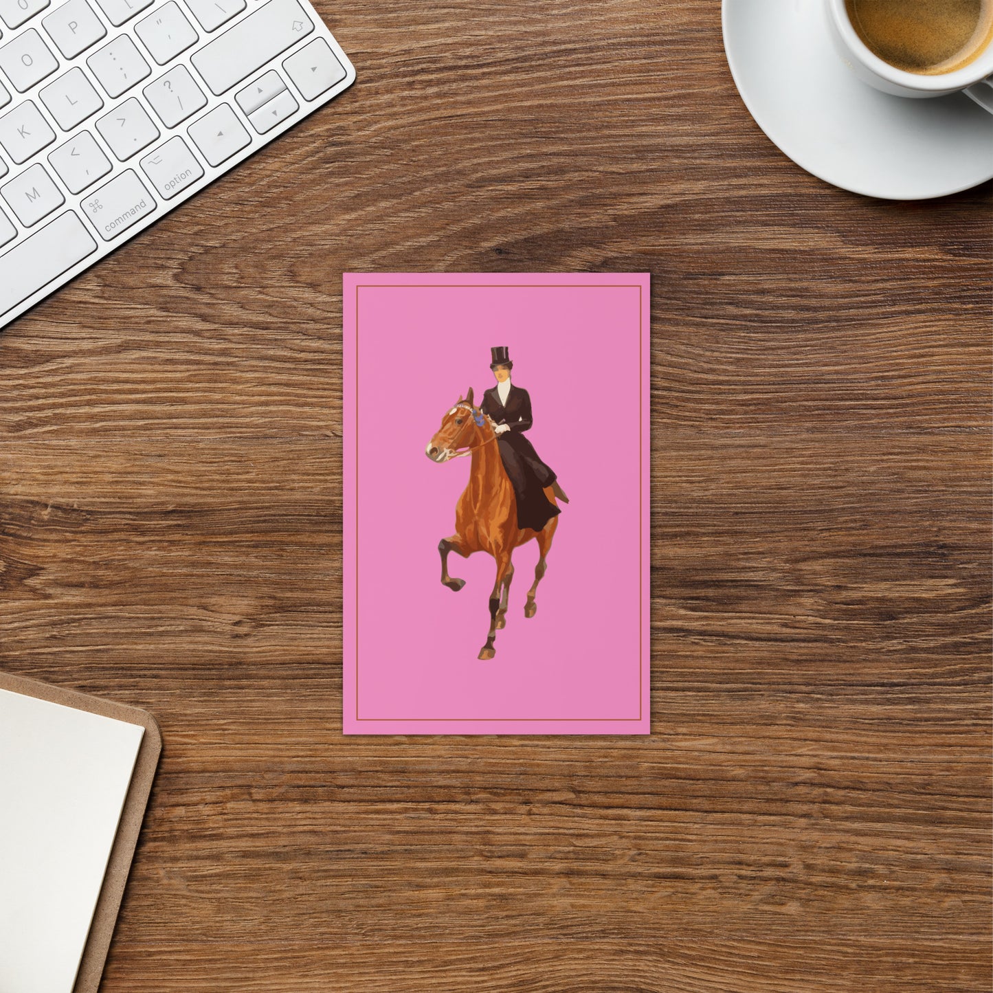 “Vintage Equestrian Greeting Card – Pink Card with Lady Riding Side Saddle on Brown Horse to Fox Hunt – Country Sports Blank Card with Envelope”