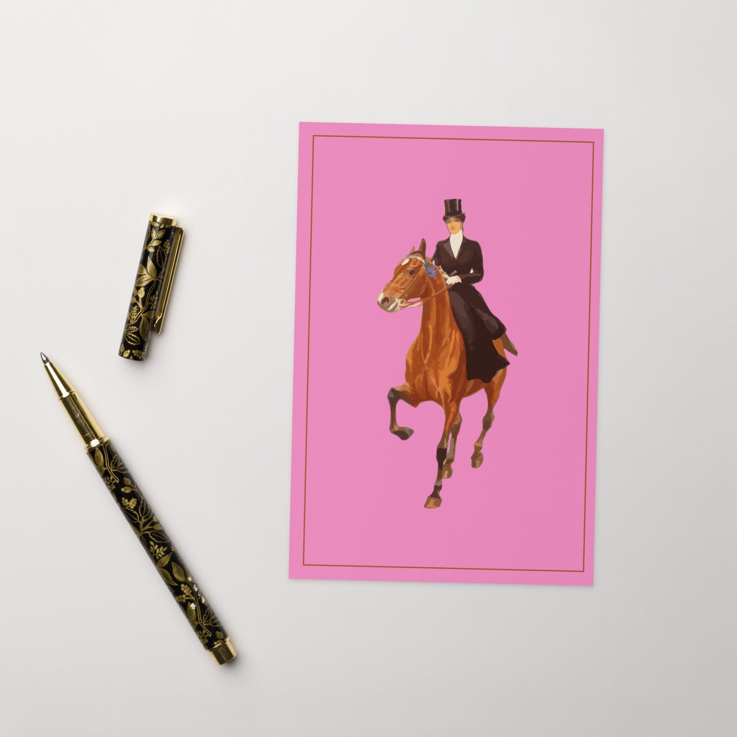 “Vintage Equestrian Greeting Card – Pink Card with Lady Riding Side Saddle on Brown Horse to Fox Hunt – Country Sports Blank Card with Envelope”