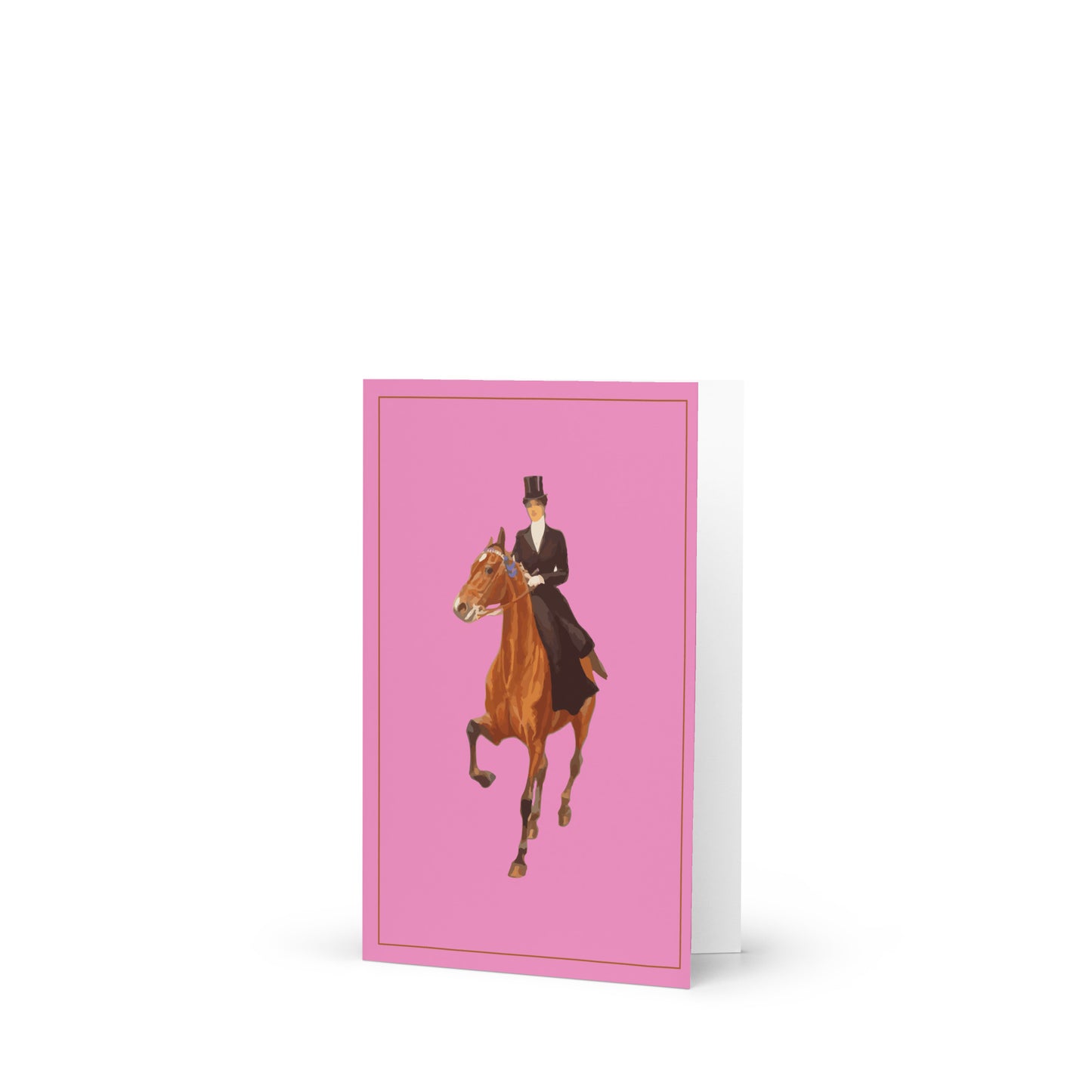 “Vintage Equestrian Greeting Card – Pink Card with Lady Riding Side Saddle on Brown Horse to Fox Hunt – Country Sports Blank Card with Envelope”