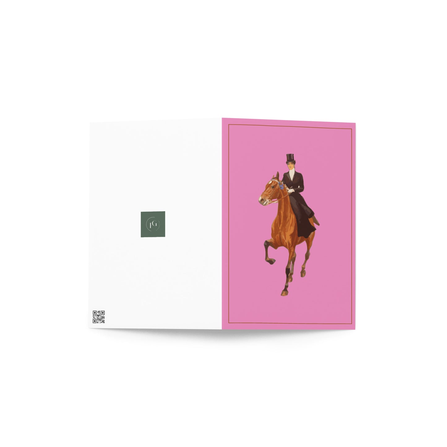 “Vintage Equestrian Greeting Card – Pink Card with Lady Riding Side Saddle on Brown Horse to Fox Hunt – Country Sports Blank Card with Envelope”