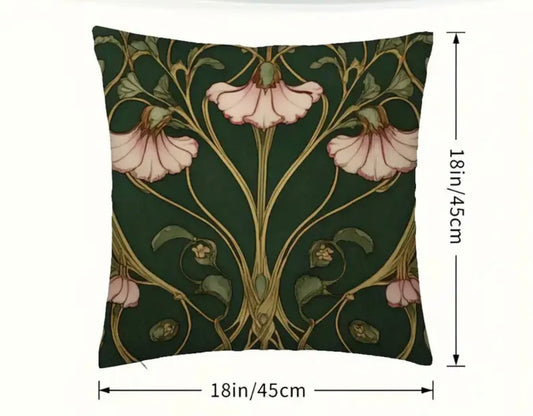 2 x Green & Pink Art Nouveau Cushion – Elegant Floral Throw Pillow for Home Décor