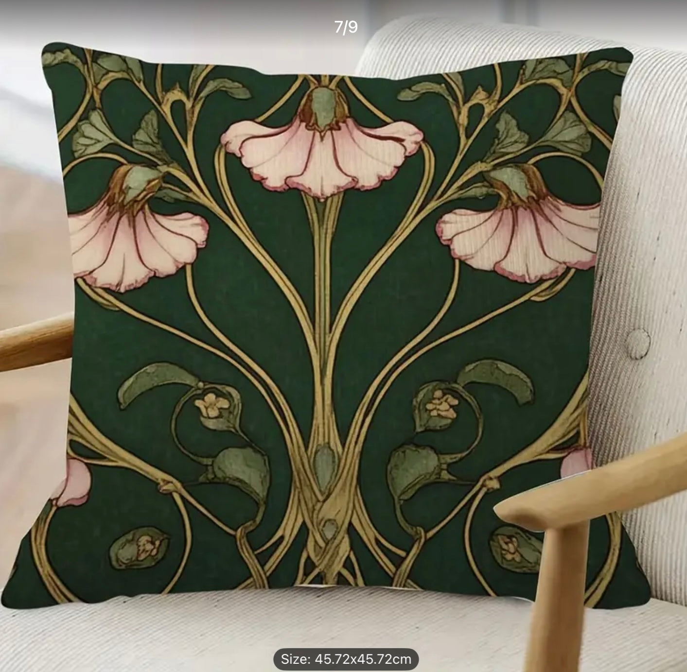 2 x Green & Pink Art Nouveau Cushion – Elegant Floral Throw Pillow for Home Décor